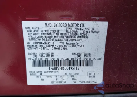 2013 Ford Taurus Limited from USA, damaged, VIN 1FAHP2F86DG195113